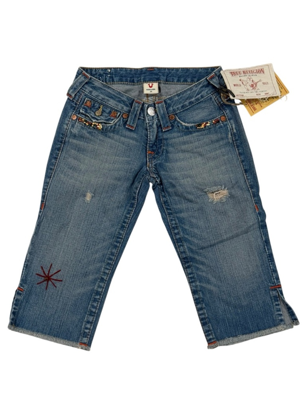 HTF: Y2K new True Religion ❉ Joey Vintage Beaded Cropped Jeans ❉ Saddle Back 25 - Picture 2 of 16